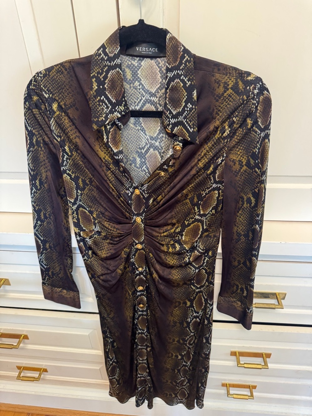Versace Brown & Gold Snakeskin-Print Long Sleeve Ruched Shirt Dress